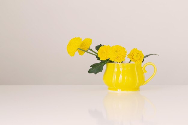 Gelbe Chrysanthemen in Vintage Cup auf weißem Hintergrund