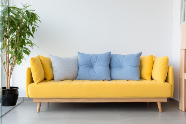 Foto gelbe couch mit blauen kissen und topfpflanze