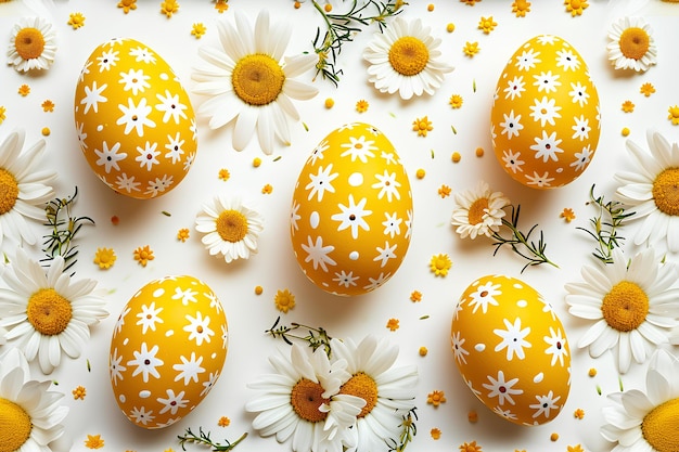 Gelbe Eier mit Gänseblümchen und weißen Blüten