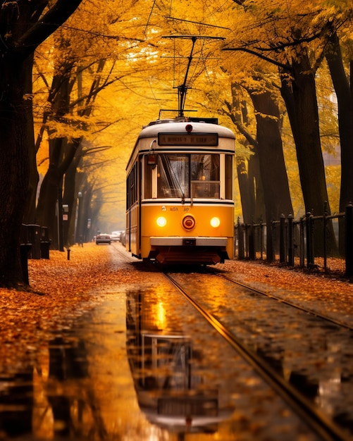 Gelbe elektrische Straßenbahn fährt auf Schienen