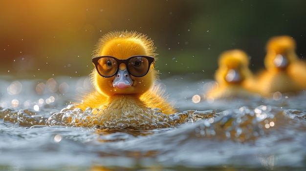 Gelbe Ente mit Brille schwimmt