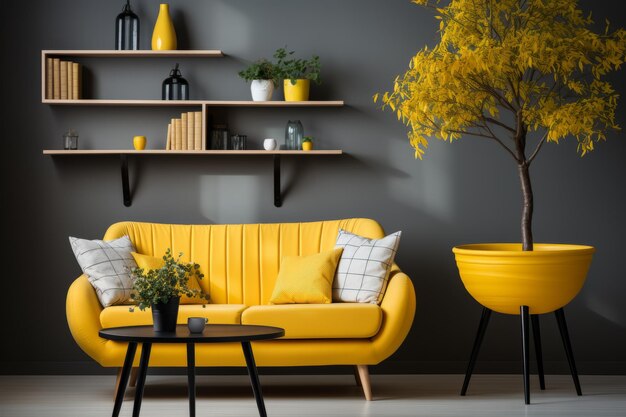 Gelbe Farbstühle an einem runden hölzernen Esstisch in einem Raum mit Sofa Generative Ai