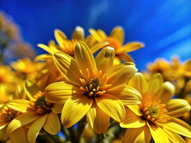 gelbe Frühlingsblumen und der blaue Himmel keine Wolken Makroansicht