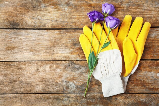 Foto gelbe gartenhandschuhe und violette blume auf holzhintergrund