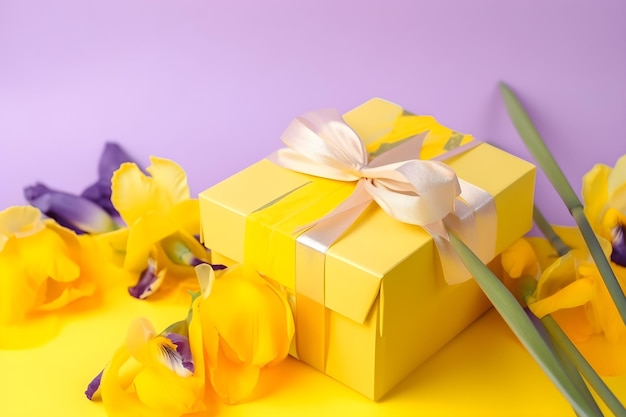 Gelbe Geschenkbox mit Schleife und Blumen auf violettem Hintergrund