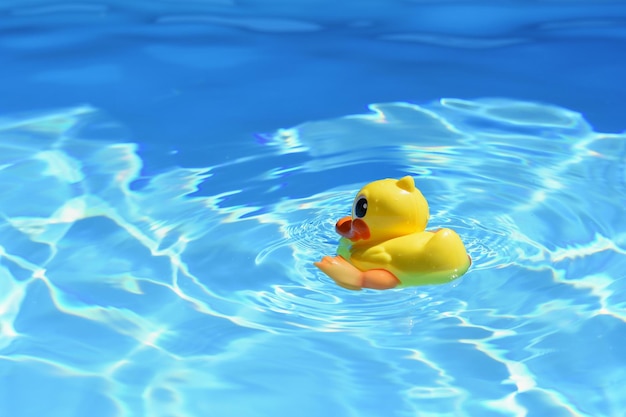 Gelbe Gummiente im Pool im Sommer Schönes klares blaues Wasser und Hintergrund für Reisen und Urlaub