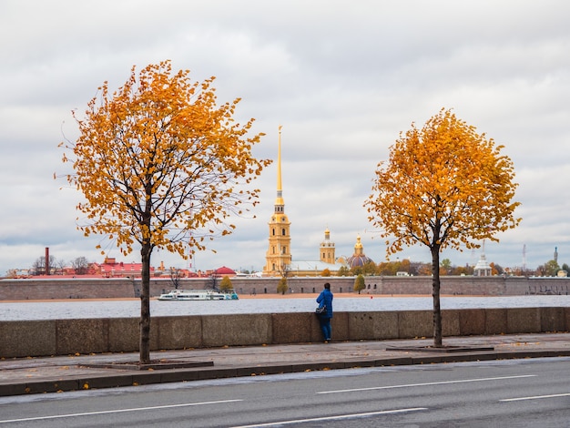 Gelbe Herbstbäume auf dem Granitwall in St. Petersburg mit den Leuten, die im Herbst gehen.