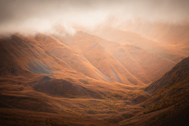 Gelbe Herbstberge am nebligen Morgen. Gil-Su-Tal im Nordkaukasus, Russland. Schöne Herbstlandschaft