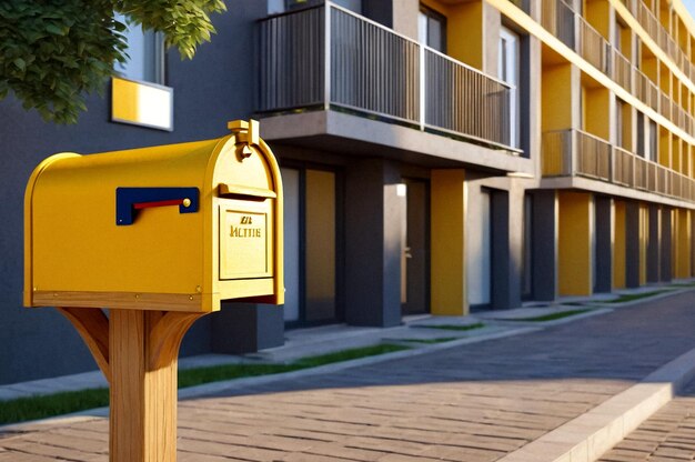 Gelbe hölzerne Briefkasten in einem Wohnhaus im Freien Moderne nummerierte Briefkasten im Freien