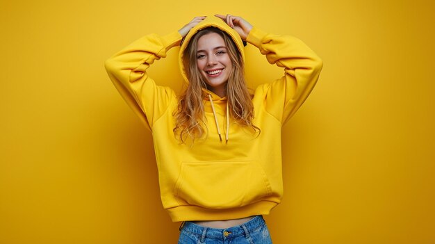 Gelbe Hoodie-Mockup Eine junge Frau Studio-Fotografie Lächeln Charakter Blaue Jeans