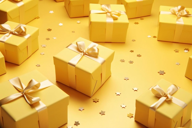 Gelbe Kisten Geschenke mit hellen Bogen um goldene Konfetti-Sterne Valentinstag Banner mit Platz für Ihren eigenen Inhalt