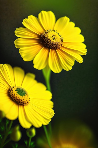 Gelbe Kosmosblume auf grün-gelbem, verschwommenem Hintergrund flach