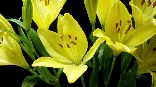 Foto gelbe lilienblüten timelapse schwarzer hintergrund