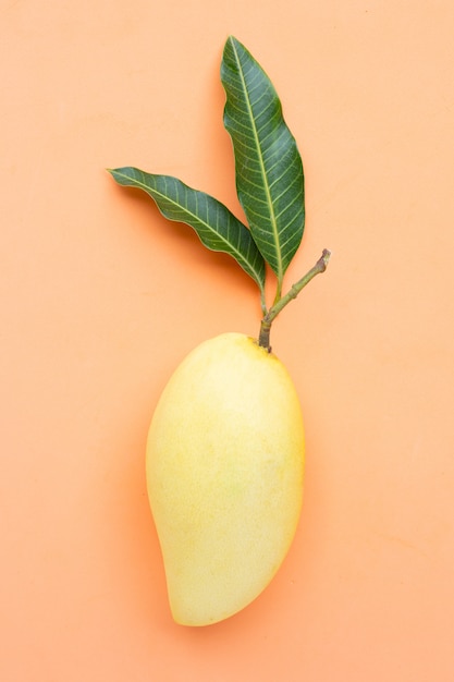 Gelbe Mango auf orange Oberfläche, tropische Frucht saftig und süß.