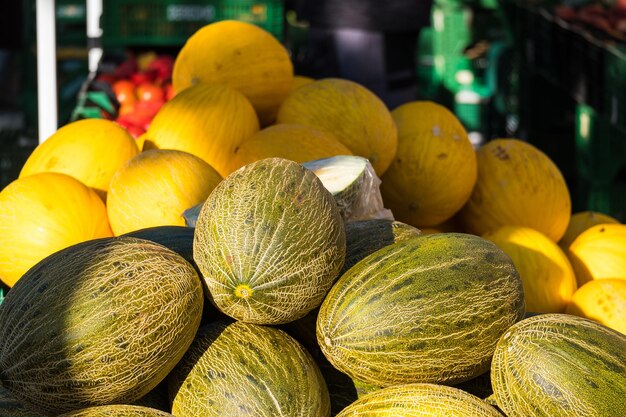 Gelbe Melonen aus lokalen Gärten zum Verkauf an einem traditionellen Straßenmarktstand.