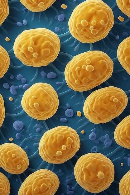 Gelbe menschliche Fettgewebe-Zellen unter einem Mikroskop Fettzellen Cholesterin 3D-Rendering