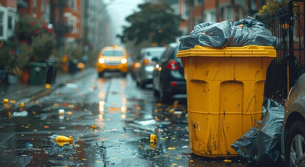 Gelbe Müllcontainer überfüllt mit Müll auf der Straße