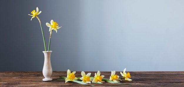 Gelbe Narzisse in Vase auf Holztisch auf dunklem Hintergrund