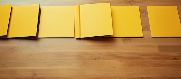 Gelbe Ordner mit Dokumenten, die auf einem von oben gesehenen Holztisch angeordnet sind. Es ist geöffnet