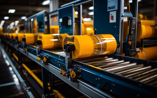 Gelbe Plastikfilmrolle bewegt sich auf dem Förderband in der Fabrik