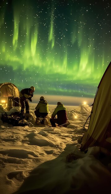 Gelbe Polarlichter über arktischem Schnee Ein nächtlicher Glanz