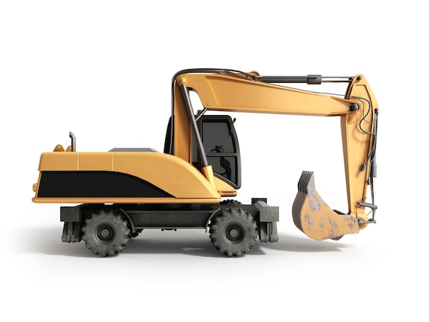 Gelbe Räder Bulldozer 3d-Render auf weiß