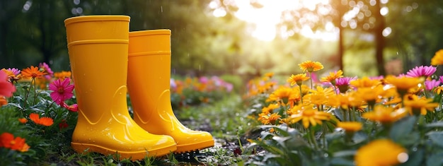 Gelbe Regenstiefel stehen im Sonnenlicht vor Blumen in einem Garten