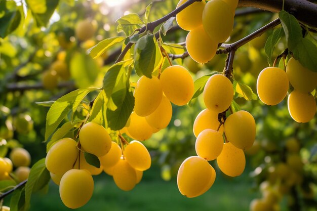 Gelbe reife Kirschpflaumen hängen an Zweigen mit grünen Blättern von Pflaumenbäumen beleuchtet