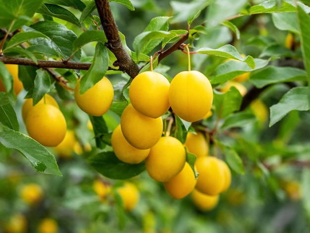 Gelbe reife Kirschpflaumenbeeren im Garten auf einem Baum