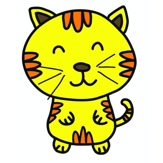 Gelbe reizende Katzenkarikaturhand gezeichnet auf weißem Hintergrund