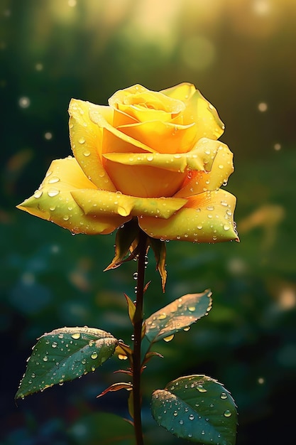 Gelbe Rose mit Wassertropfen darauf
