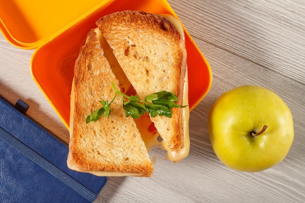 Gelbe Sandwichbox mit gerösteten Scheiben Brotkäse und grüner Petersilie grüner Apfel