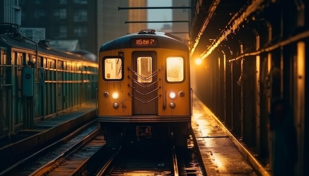 Gelbe Scheinwerfer beleuchten einen modernen U-Bahn-Zug in der Dämmerung, erzeugt durch KI