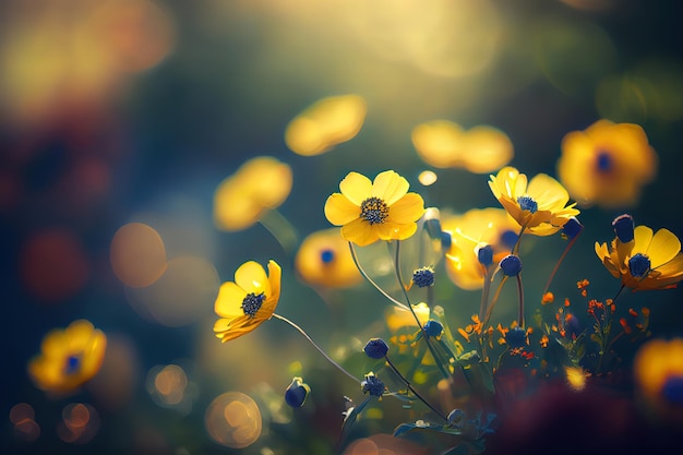 Gelbe Sommerblumen, gelbe Blume, grüne Pflanze und Blatt