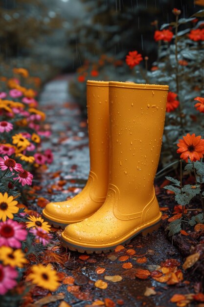 Foto gelbe stiefel stehen nach dem regen im sommergarten