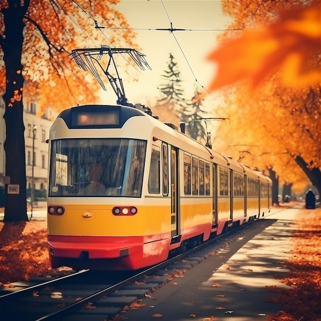 Gelbe Straßenbahn fährt im Herbst durch einen Korridor von Bäumen