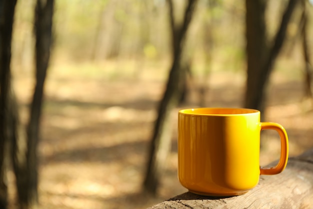 Gelbe Tasse an Bord. Schöner Wald, Platz für Text