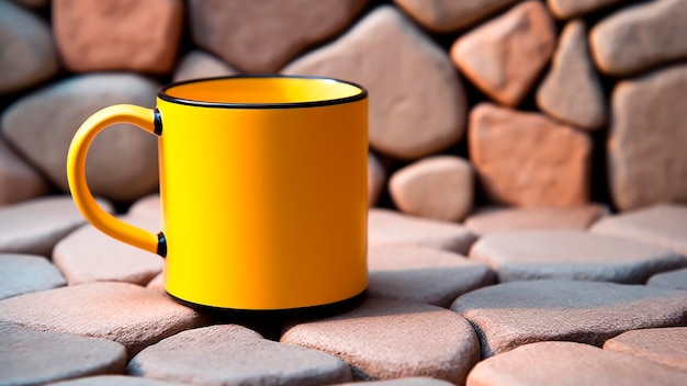 Gelbe Tasse Kaffee-Attrappe auf dem Hintergrund einer Steinmauer