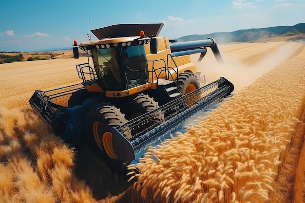 Gelbe Traktorernte auf dem Weizenfeld im Sommer aus der Luft