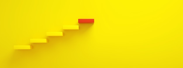 Gelbe Treppe, die zu roter oberster Stufe, oberster Ebene oder Karriere führt, 3D-Rendering, Panorama-Layout