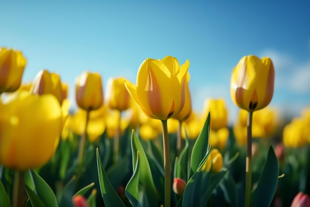 Gelbe Tulpen auf einem Feld mit blauem Himmel im Hintergrund generative ai