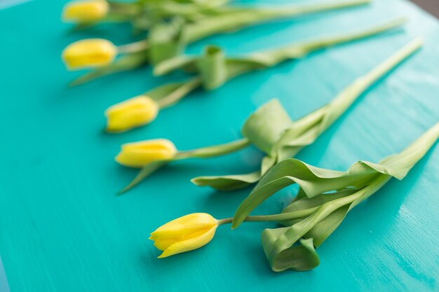 Gelbe Tulpen, die auf blauem Holztisch liegen
