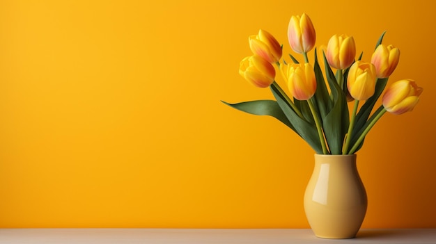Gelbe Tulpen in einer Vase auf gelbem Hintergrund generative KI