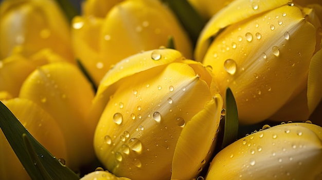Gelbe Tulpenblüten mit Wassertropfen im Hintergrund Nahaufnahme der Blüte mit Tröpfchen Generative KI