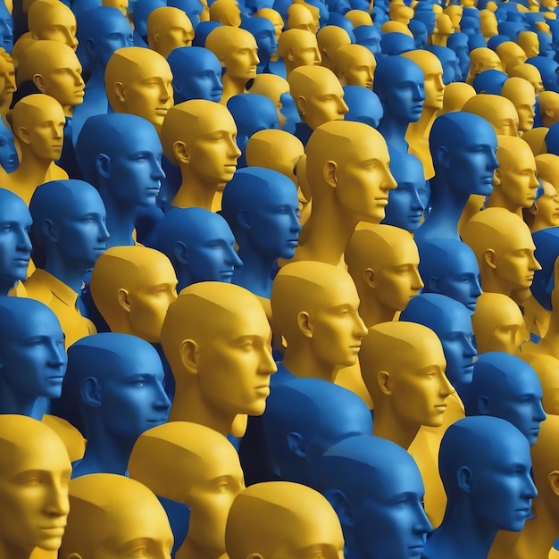 Gelbe und blaue Ausschnittspapierköpfe in einer Reihe Einheit Menschen zusammenkommen