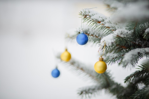 Gelbe und blaue Christbaumkugeln. Spielzeug auf schneebedeckten Weihnachtsbaum. Weihnachtshintergrund. erster Schneefall.