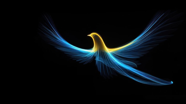 Foto gelbe und blaue taube im hellen flug-neonlicht als symbol für frieden und freiheit in der ukraine auf dunklem hintergrund. friedens- und freiheitskonzept