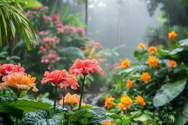 Foto gelbe und rosa blüten im tropischen garten unter regen