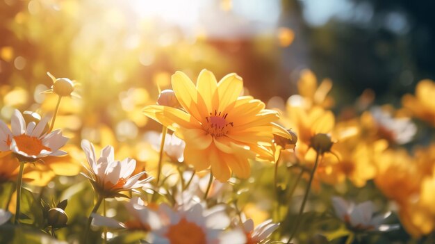 Gelbe und weiße Blumen in einem verschwommenen Hintergrund mit Lichtstrahlen Raum für Ihren eigenen Banner Inhalt Blütenblumen ein Symbol des Frühlings neues Leben