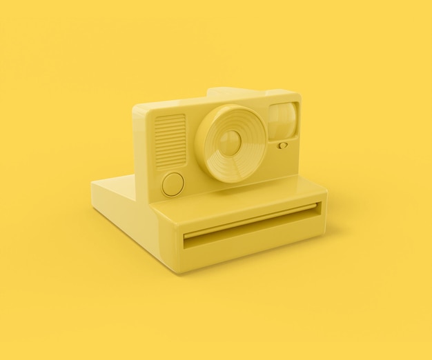 Gelbe Vintage-Kamera für Sofortfotos auf gelbem Hintergrund. Minimalistisches Designobjekt. 3D-Rendering-Symbol ui ux-Schnittstellenelement.